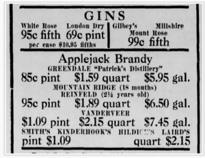 An advertisement in the Bernardsville News for liquor prices in 1936