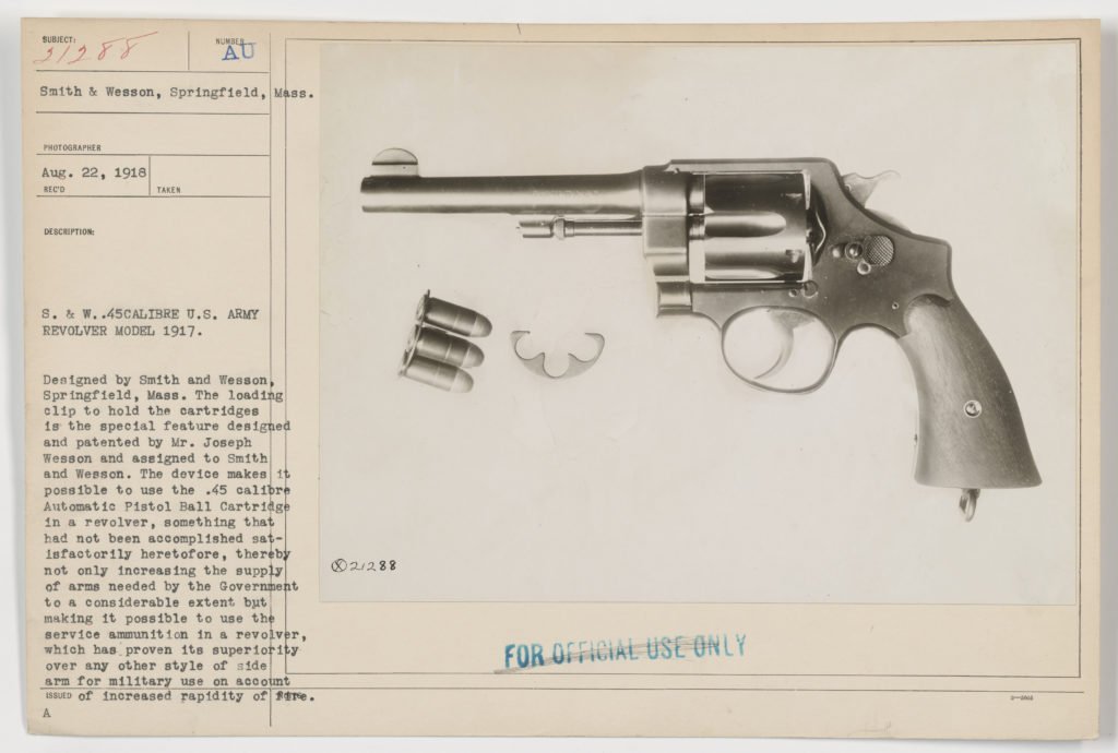 In 1917 the Smith & Wesson revolver was selected for service. The cost was $15. Source: Wikipedia