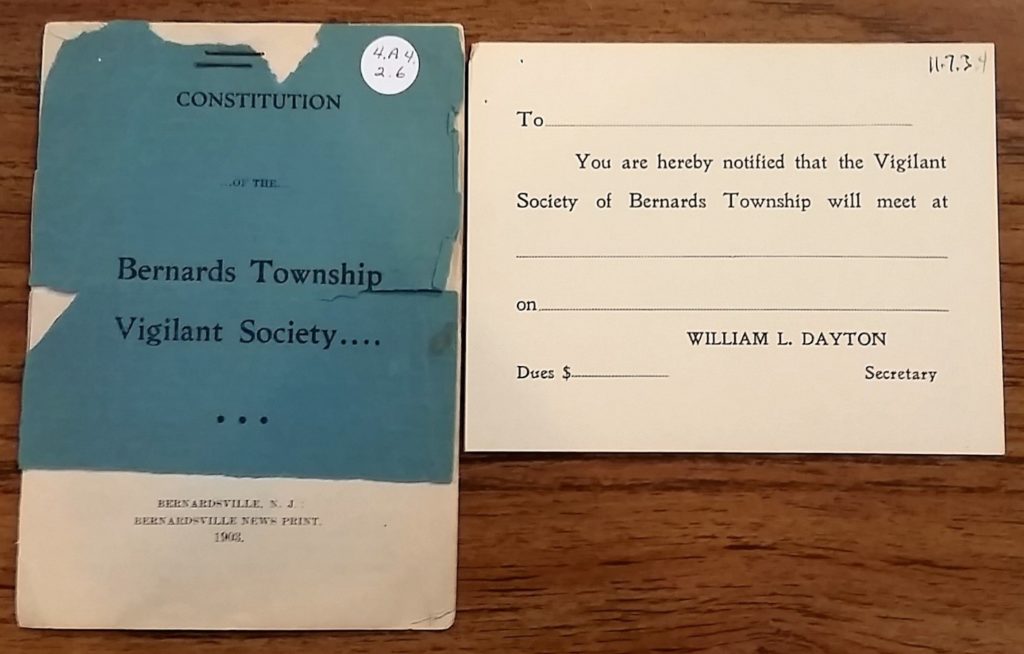 By-Laws of the Basking Ridge & Millington Detective Society, organized December 7, 1867 (3" x 4 ½”) Source: Historical Society of the Somerset Hills