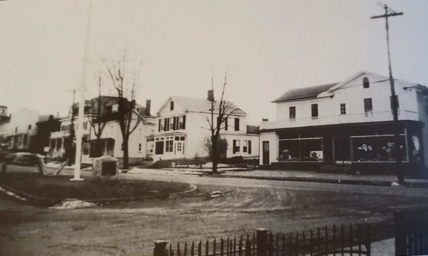 The Basking Ridge town green c.1940. The WWI monument is facing the church, Cerino Brothers grocery store is to the right and post office next to that. In 1927 the island was donated to the township allowing for only a flagpole and the monument. (yes the fire hydrant didn't count). Source: Janet C. Arleo and book Around and About Basking Ridge, Liberty Corner and Lyons