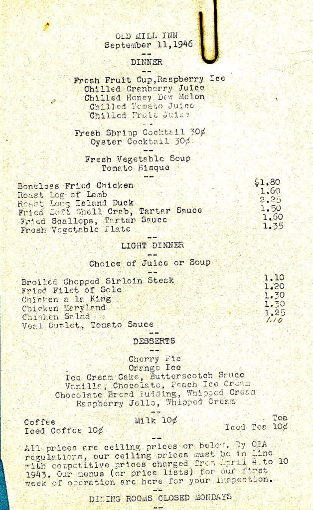 Click image to enlarge a Old Mill Inn 1946 menu. Shrimp cocktail only $0.30! Source: eBay