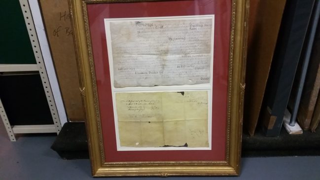 The original Charter of Bedminster as it was presented in the Forbes warehouse in Long Island City.