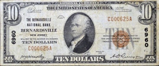 1929 Bernardsville National Bank $10 note.