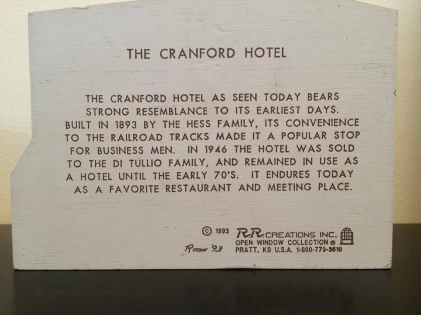 A keepsake made back in the 1990s honoring the history of the Cranford Hotel. No longer available.