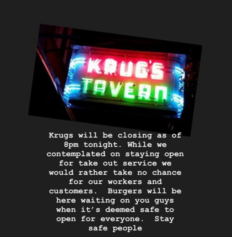 Krug's Tavern closes in March 2020 due to Covid-19 outbreak