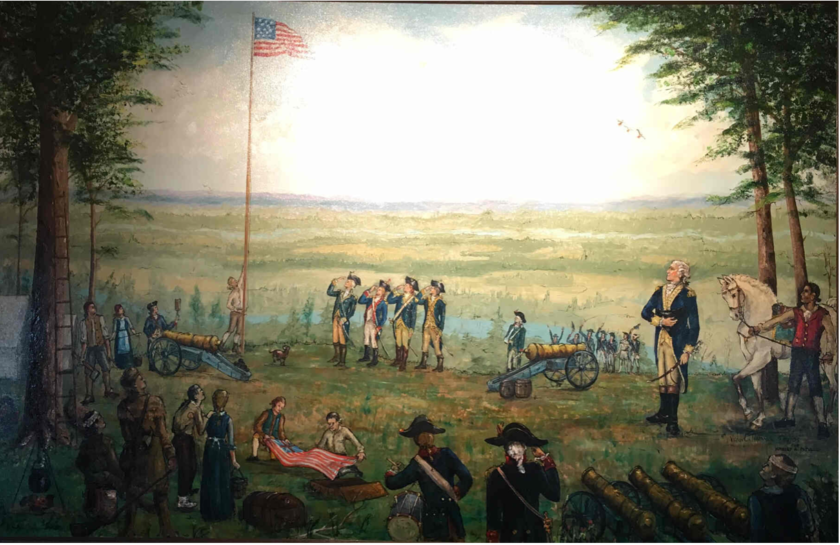 Painting originally displayed in Herb Patullo's house depicting American flag raising on the Eagle's Nest site during the 1st Middlebrook Encampment Era
