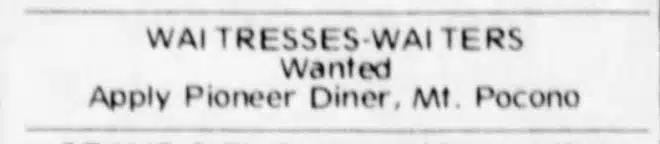 Pioneer Diner 1974 Help Wanted classified