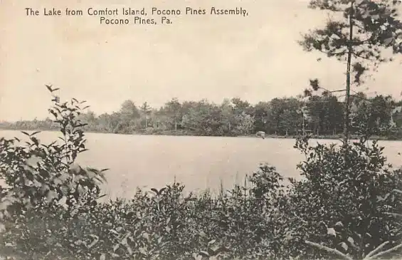 c1910-View-Lake-From-Comfort-Island-Pocono-Pines-Assembly-Pocono-Pines Mr Local History Project